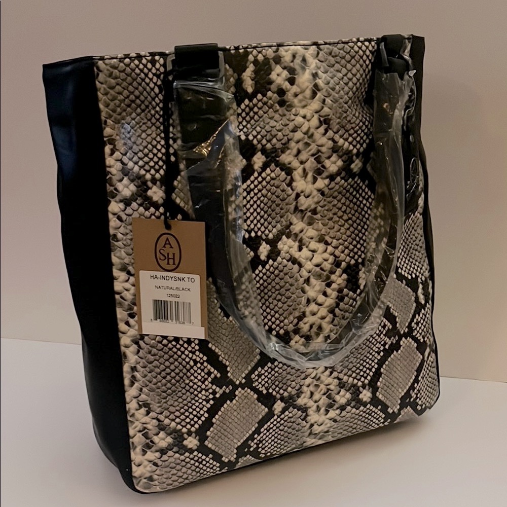 Ash Black Leather Tote with Snakeskin Pattern
